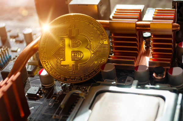 Gold coin with bitcoin symbol.